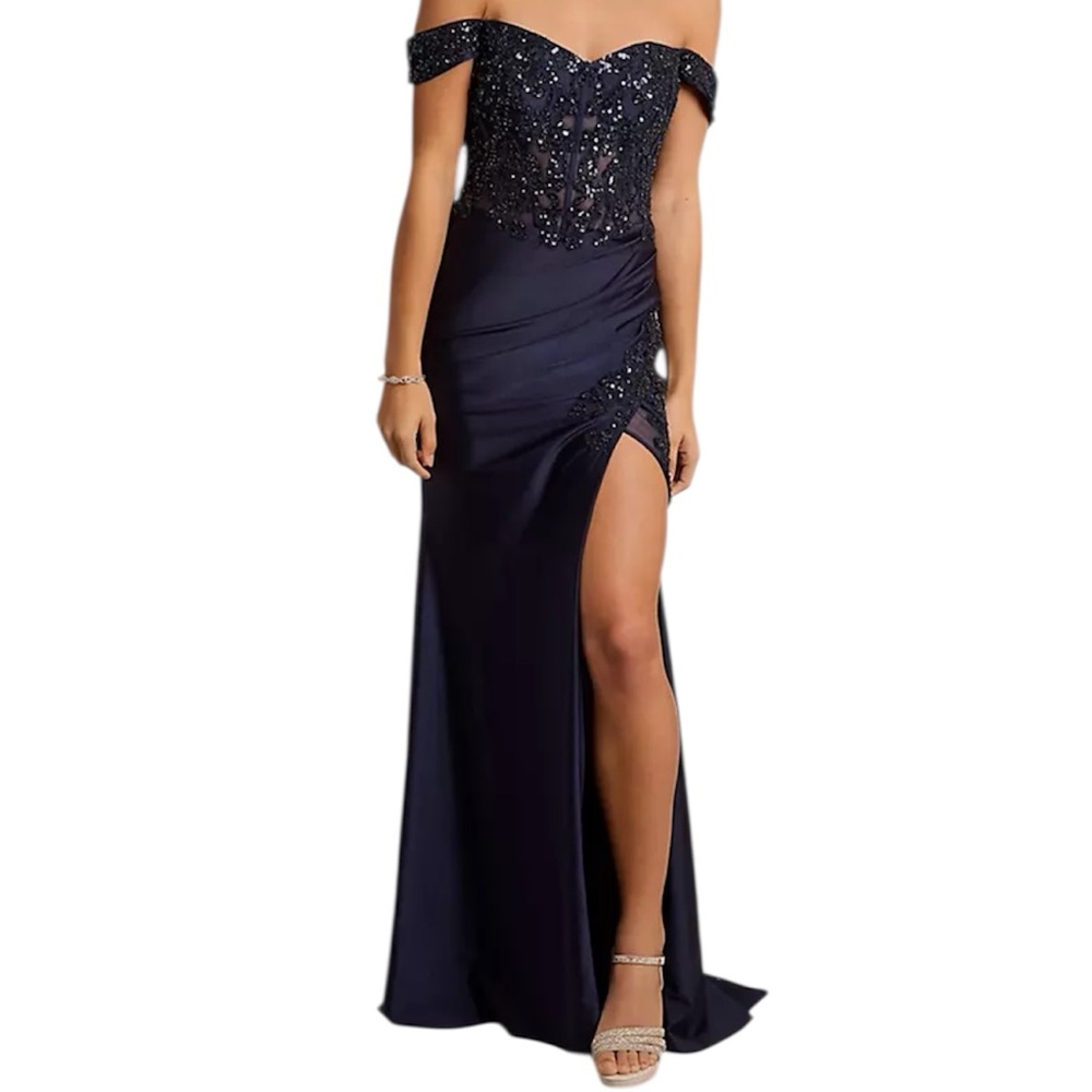 JULES AND CLEO Sequin Applique Satin Off-Shoulder Sheath Dress Size 16